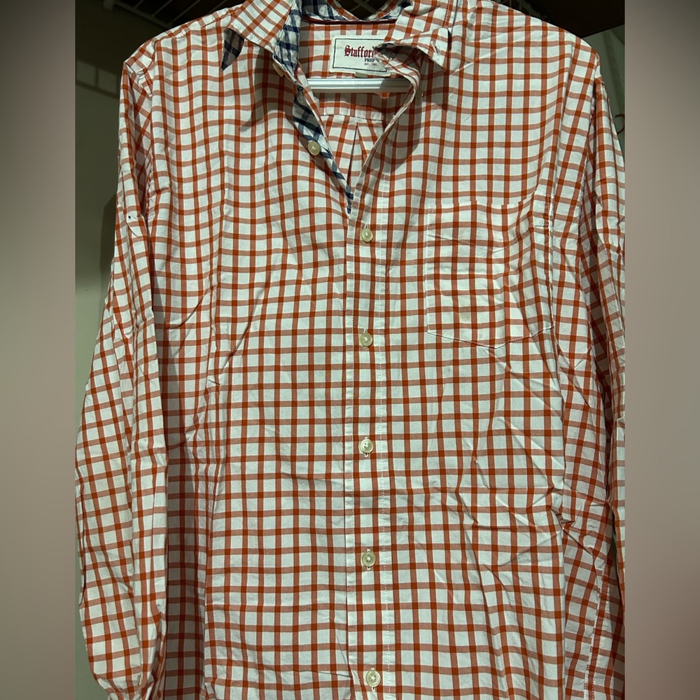 Stafford Men's Orange and White Checkered Shirt